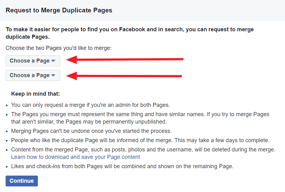 מיזוג דפי פייסבוק שלב בחירת הדפים